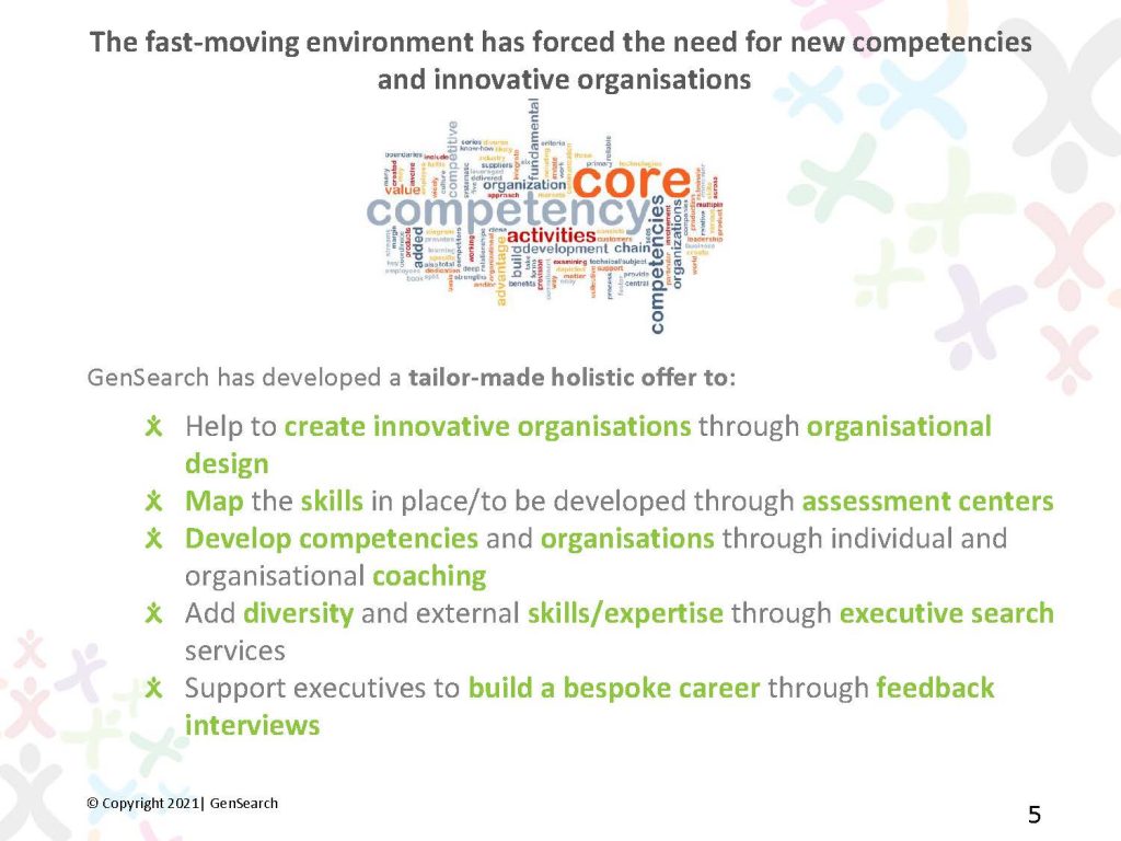 The fast-moving environment has forced the need for new competencies and innovative organisations
GenSearch has developed a tailor-made holistic offer to:
Help to create innovative organisations through organisational design
Maptheskillsin place/to be developed through assessment centers
Developcompetencies and organisationsthrough individual and organisationalcoaching
Add diversityand external skills/expertise through executive search services
Support executives to build a bespoke careerthrough feedback interviews
