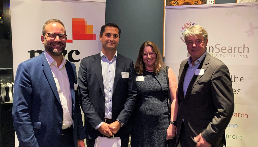 From left to right: Chris Isler (PwC), Orlando Oliveira (former SVP at TESARO and Agios), Dr. Sarah Holland (VectivBio), Heiko Bruhn (GenSearch)